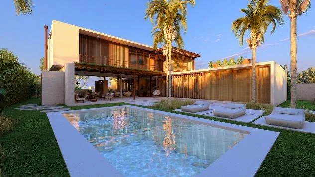 Residência executada pela Yanai, com piscina e fachada em madeira